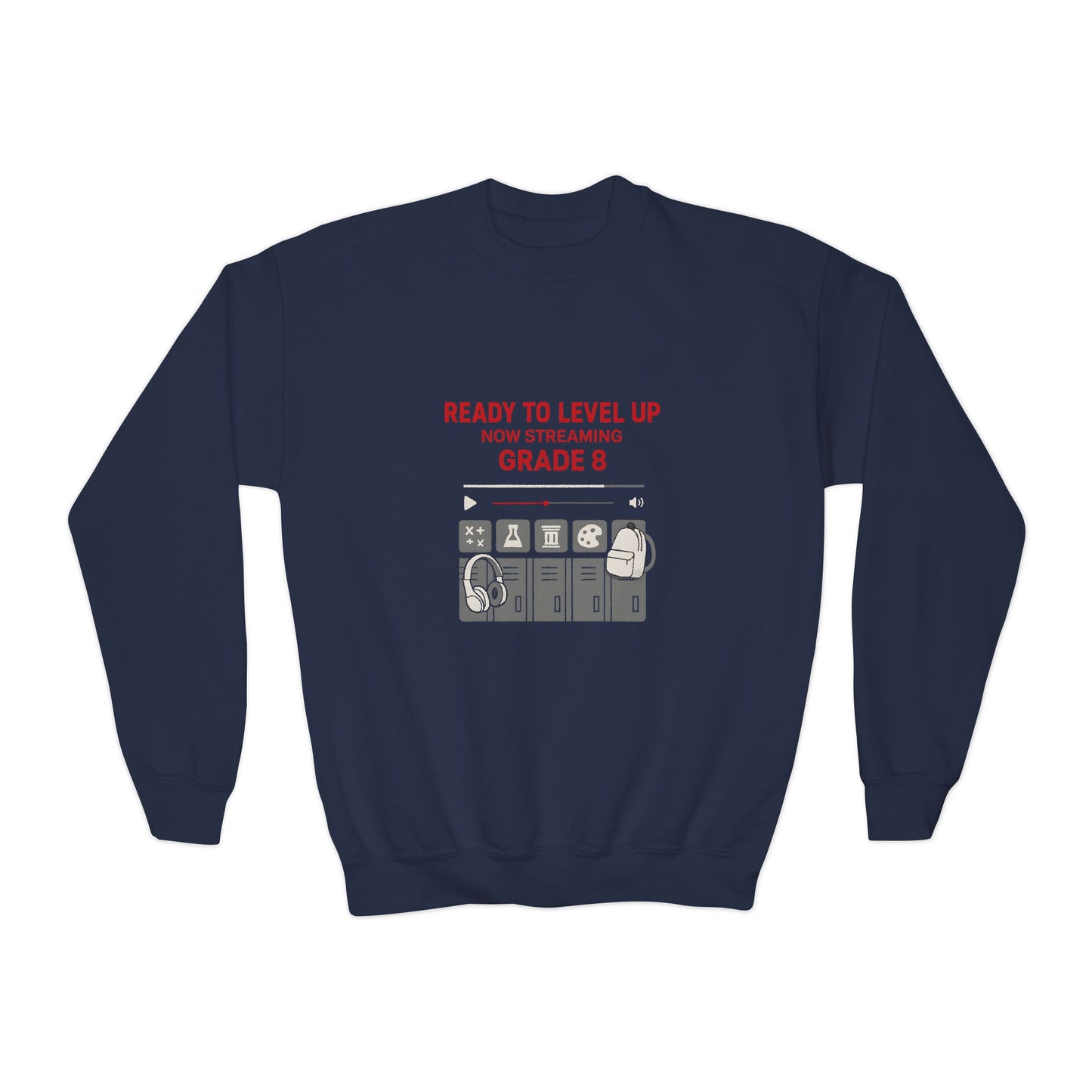 Youth Crewneck Sweatshirt - Ready to Level Up, Fun Gift for Kids, Perfect for School, Grade 8, Casual Wear, Birthday Present