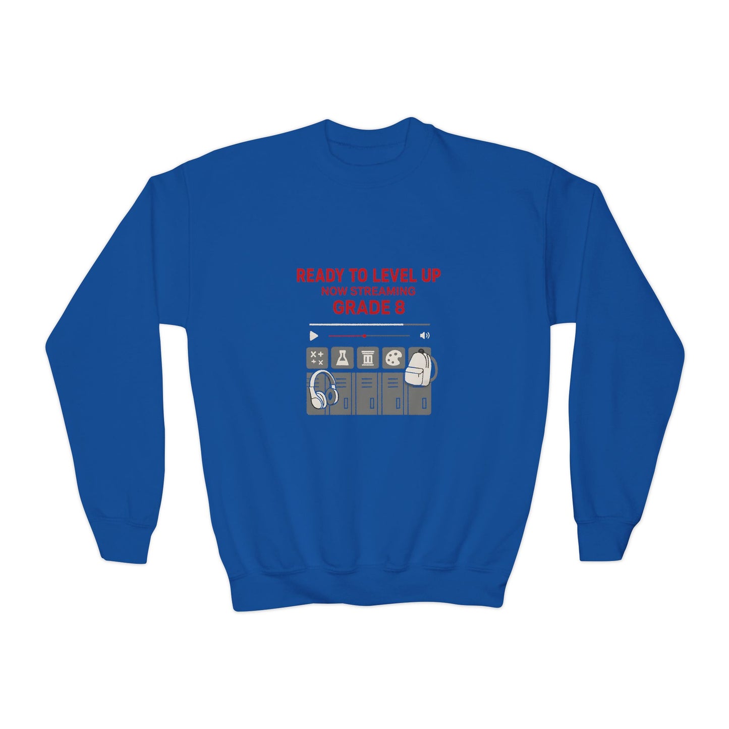 Youth Crewneck Sweatshirt - Ready to Level Up, Fun Gift for Kids, Perfect for School, Grade 8, Casual Wear, Birthday Present