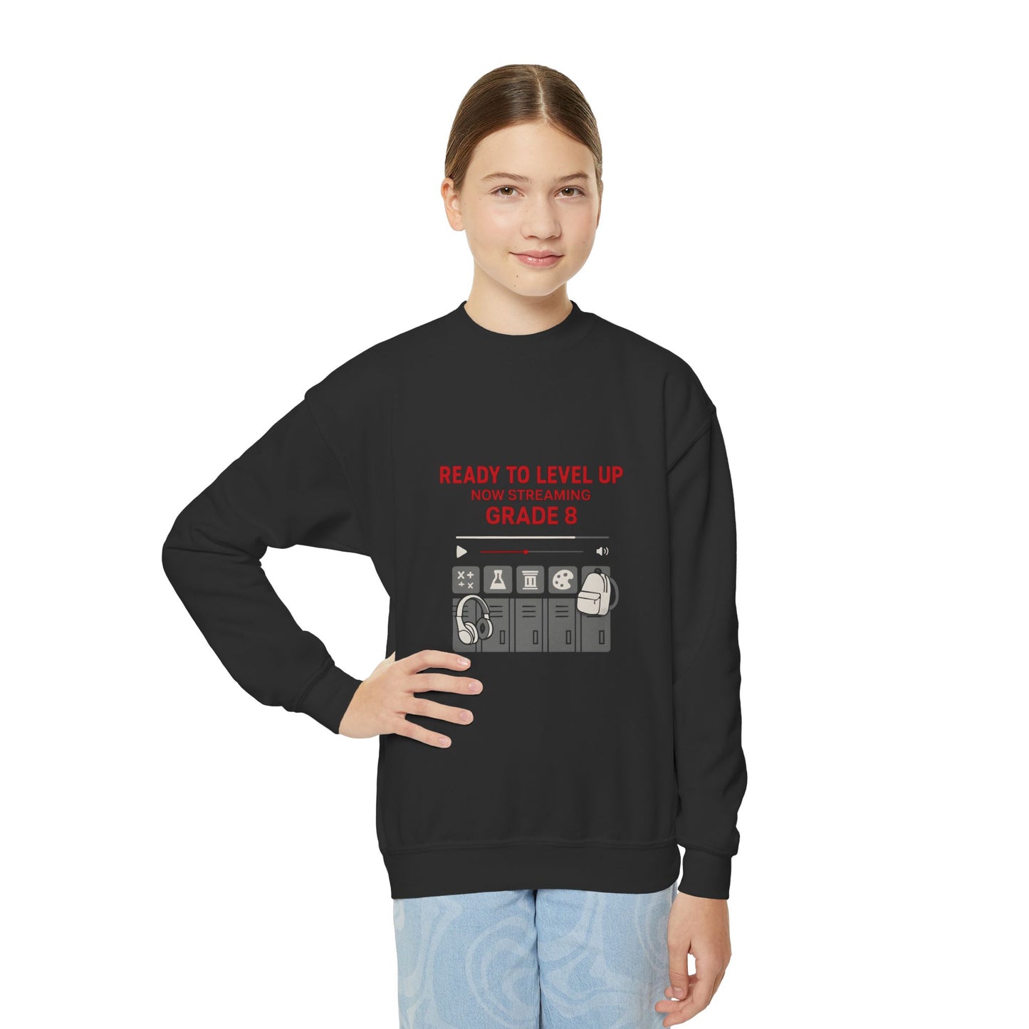 Youth Crewneck Sweatshirt - Ready to Level Up, Fun Gift for Kids, Perfect for School, Grade 8, Casual Wear, Birthday Present