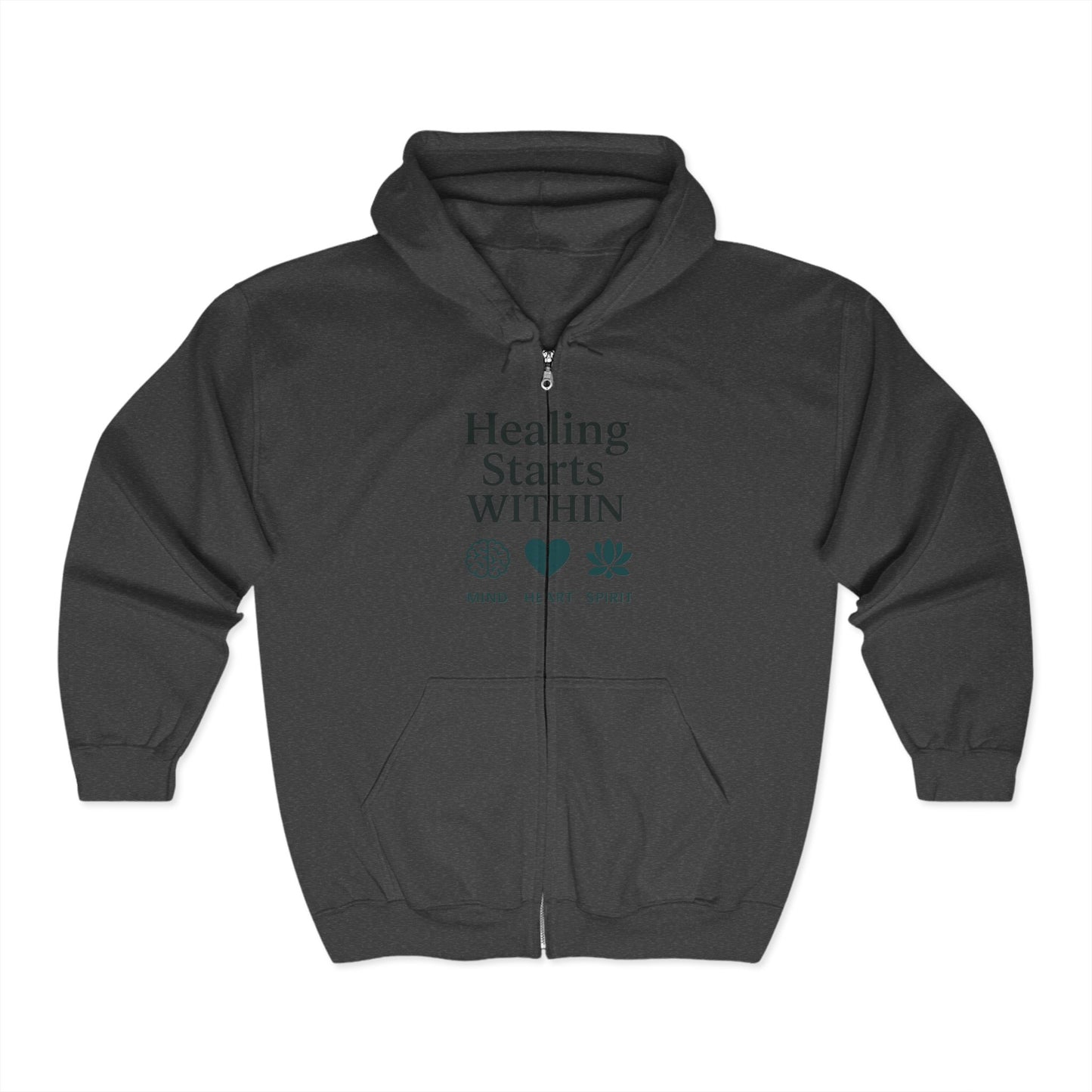 Mindfulness Zip-Up Hoodie – Healing Starts Within, Cozy Sweatshirt for Self-Care, Gratitude Gift, Wellness Apparel, Meditation Wear