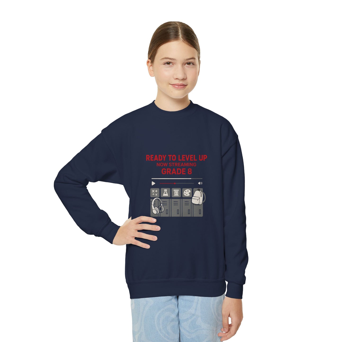 Youth Crewneck Sweatshirt - Ready to Level Up, Fun Gift for Kids, Perfect for School, Grade 8, Casual Wear, Birthday Present