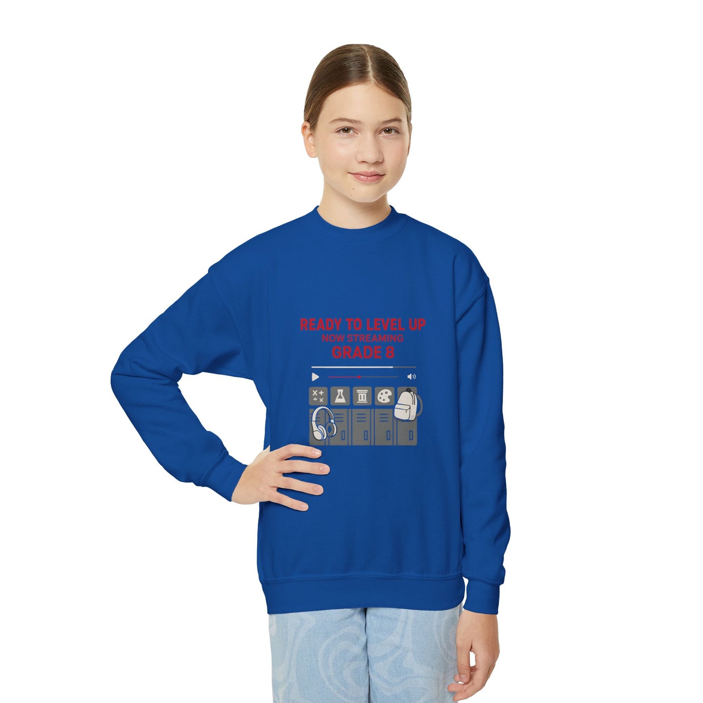 Youth Crewneck Sweatshirt - Ready to Level Up, Fun Gift for Kids, Perfect for School, Grade 8, Casual Wear, Birthday Present