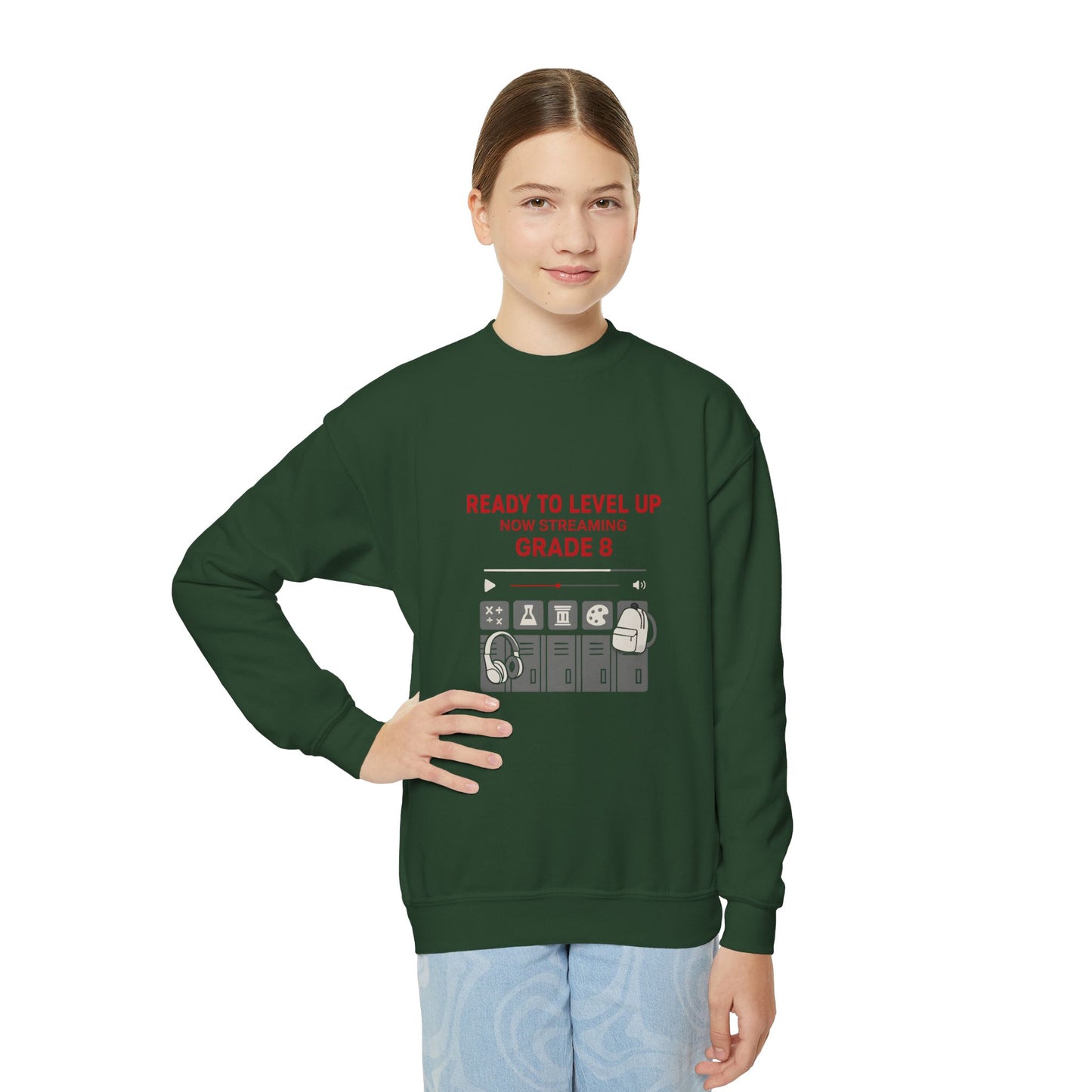 Youth Crewneck Sweatshirt - Ready to Level Up, Fun Gift for Kids, Perfect for School, Grade 8, Casual Wear, Birthday Present