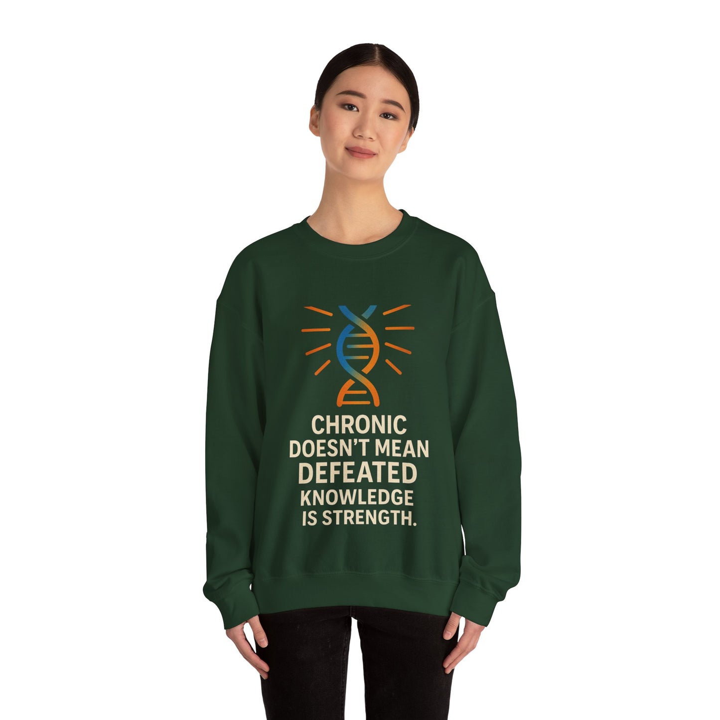 Unisex Crewneck Sweatshirt - Chronic Doesn't Mean Defeated, Knowledge is Strength - Inspirational Gift for Chronic Illness Awareness, [...]
