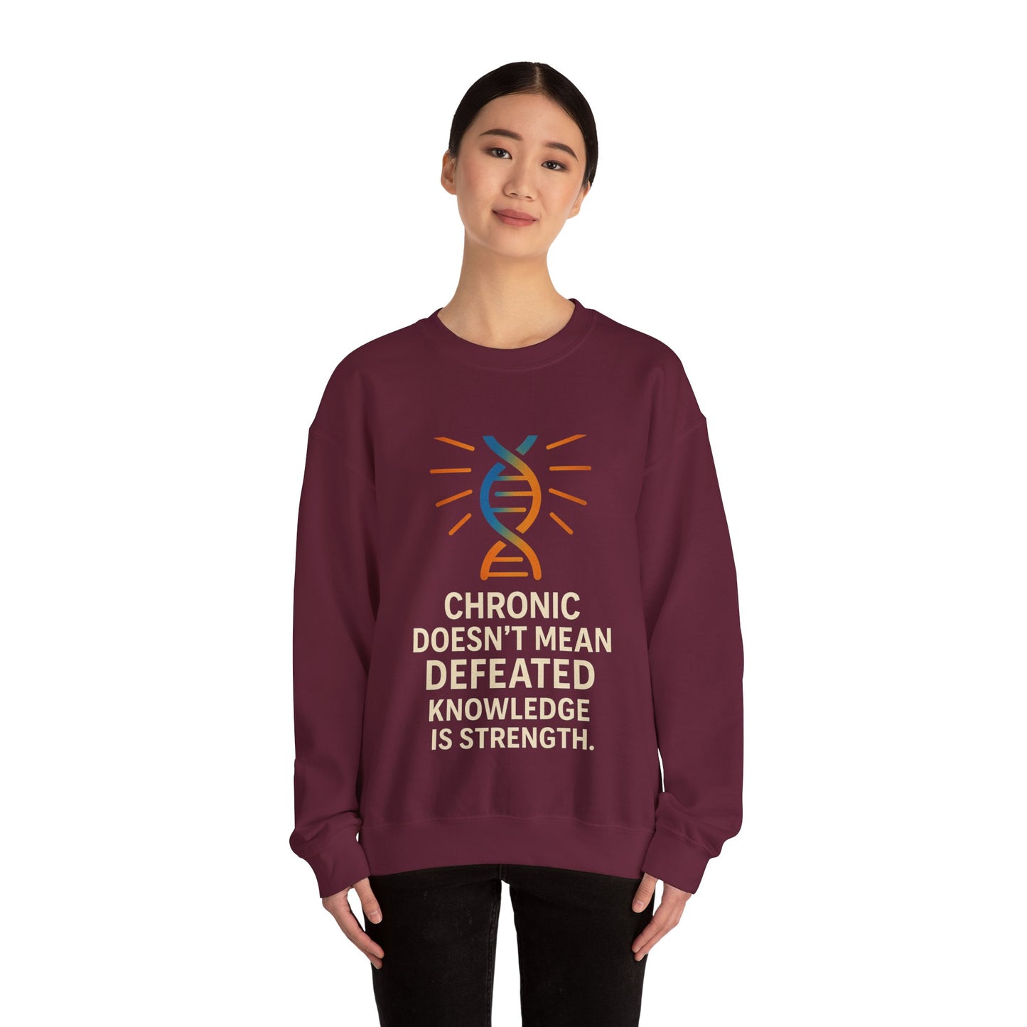 Unisex Crewneck Sweatshirt - Chronic Doesn't Mean Defeated, Knowledge is Strength - Inspirational Gift for Chronic Illness Awareness, [...]