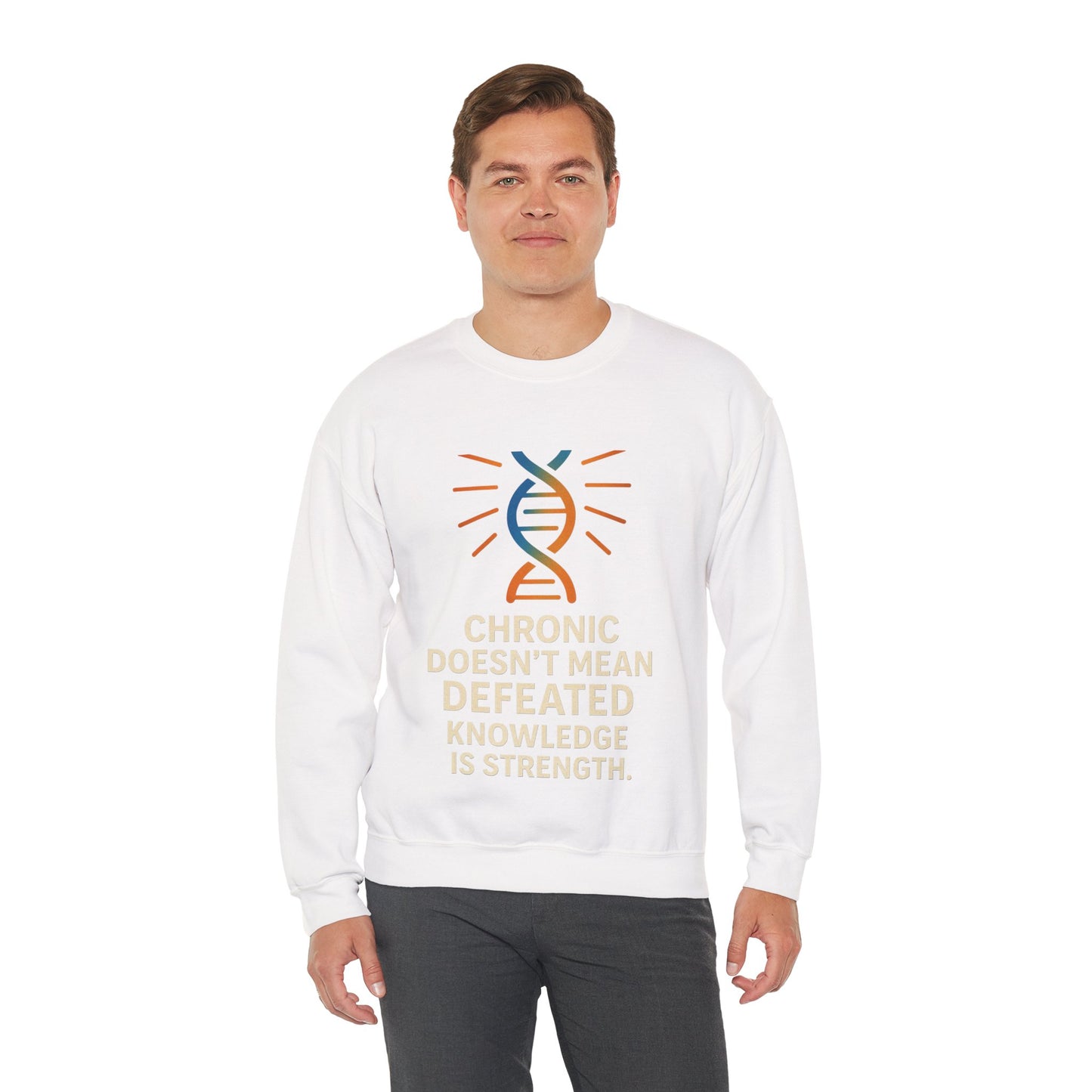 Unisex Crewneck Sweatshirt - Chronic Doesn't Mean Defeated, Knowledge is Strength - Inspirational Gift for Chronic Illness Awareness, [...]