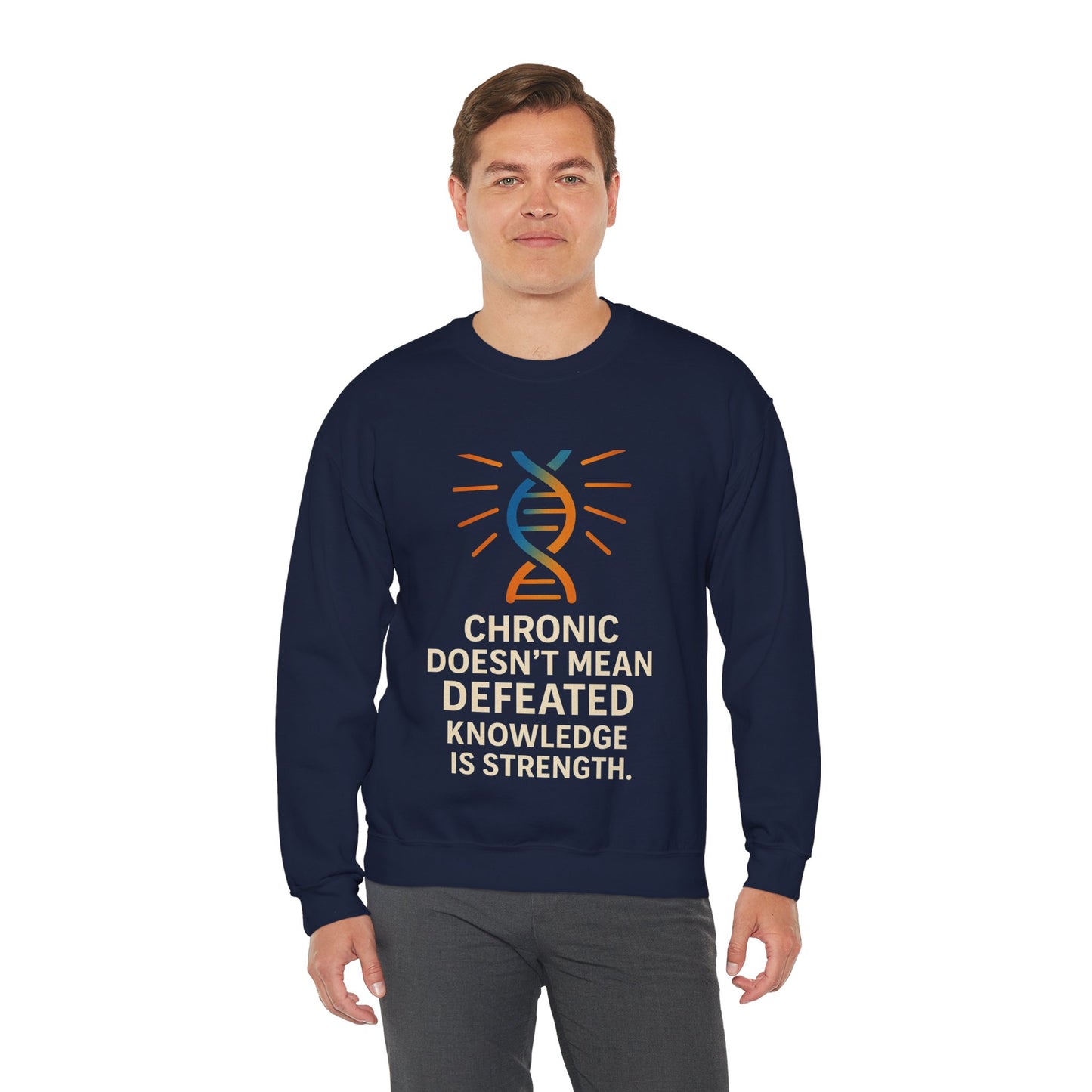 Unisex Crewneck Sweatshirt - Chronic Doesn't Mean Defeated, Knowledge is Strength - Inspirational Gift for Chronic Illness Awareness, [...]
