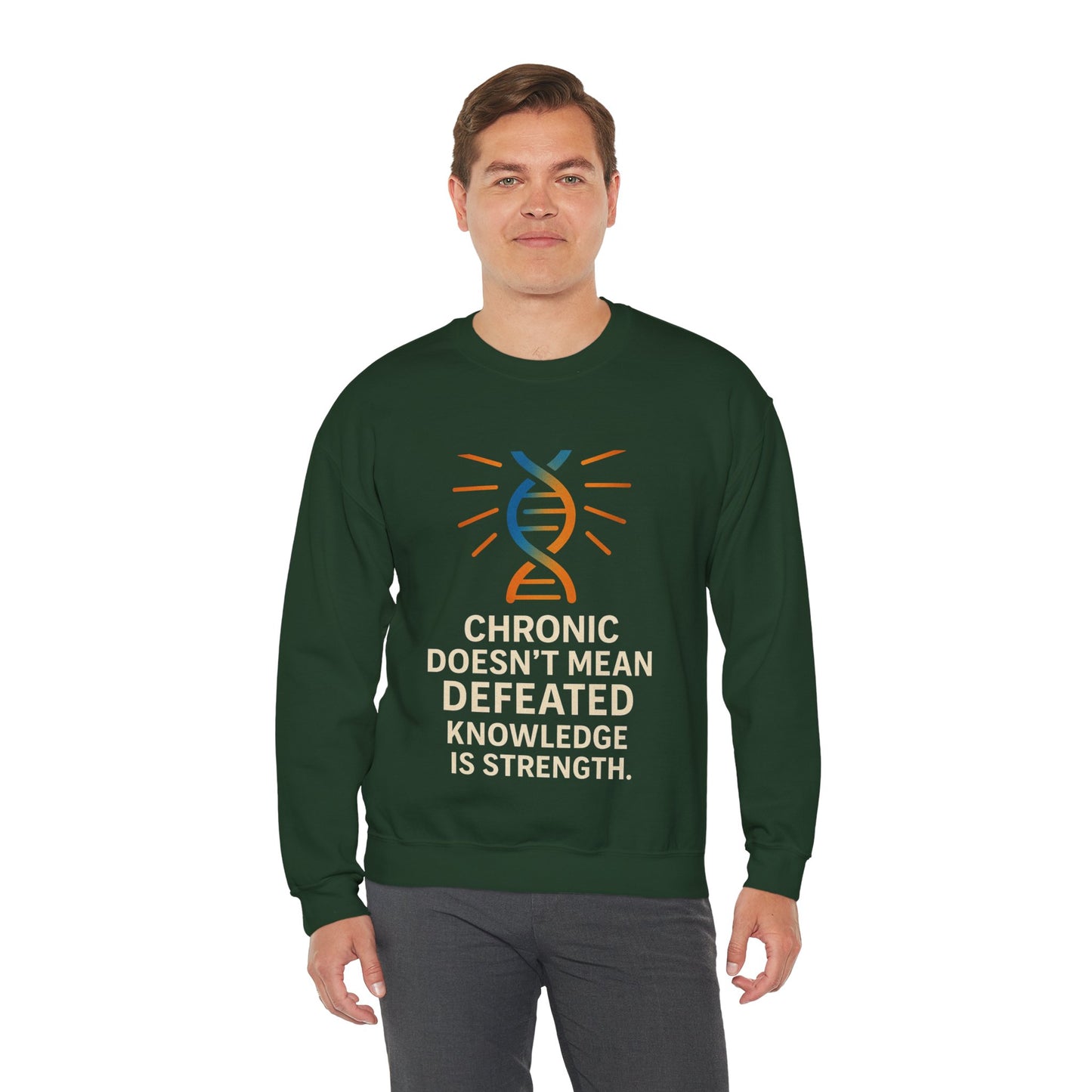 Unisex Crewneck Sweatshirt - Chronic Doesn't Mean Defeated, Knowledge is Strength - Inspirational Gift for Chronic Illness Awareness, [...]