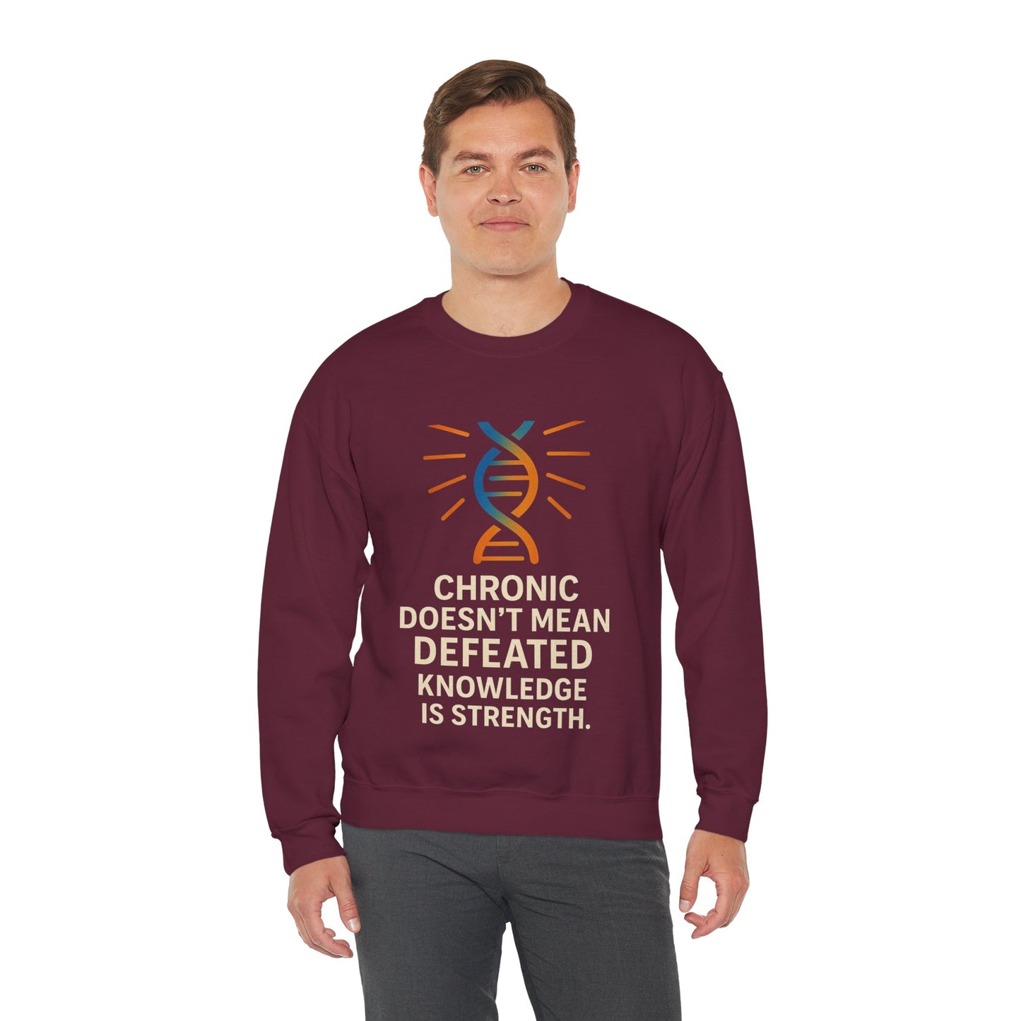 Unisex Crewneck Sweatshirt - Chronic Doesn't Mean Defeated, Knowledge is Strength - Inspirational Gift for Chronic Illness Awareness, [...]