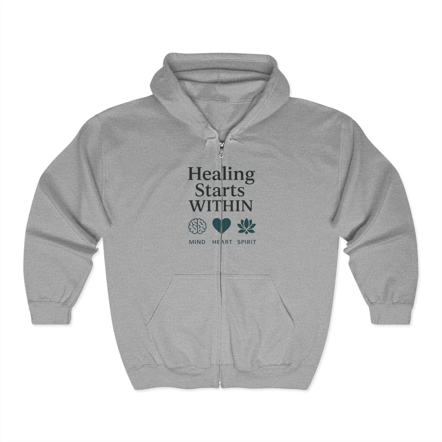 Mindfulness Zip-Up Hoodie – Healing Starts Within, Cozy Sweatshirt for Self-Care, Gratitude Gift, Wellness Apparel, Meditation Wear