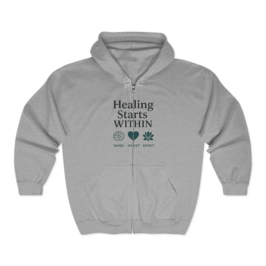 Mindfulness Zip-Up Hoodie – Healing Starts Within, Cozy Sweatshirt for Self-Care, Gratitude Gift, Wellness Apparel, Meditation Wear