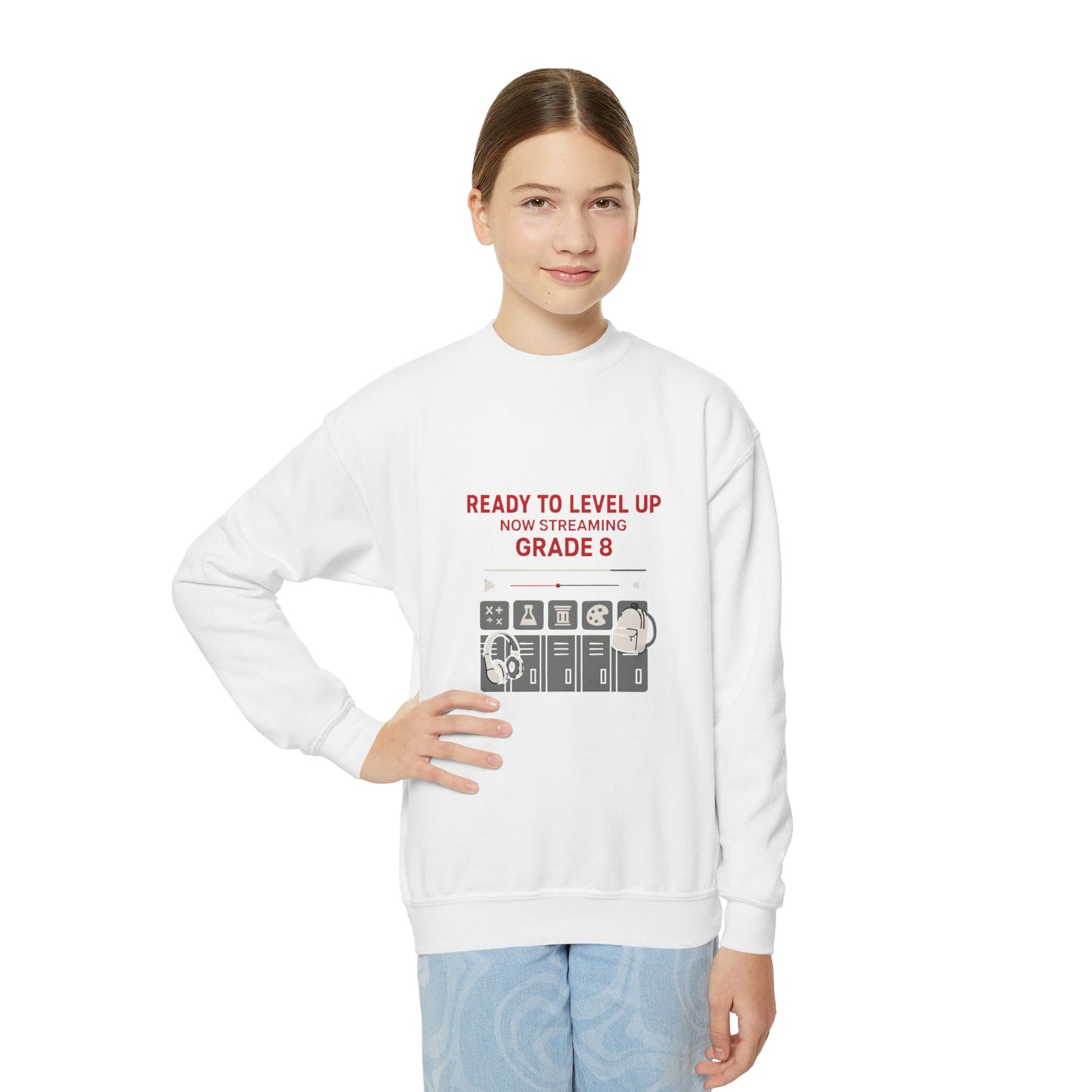 Youth Crewneck Sweatshirt - Ready to Level Up, Fun Gift for Kids, Perfect for School, Grade 8, Casual Wear, Birthday Present