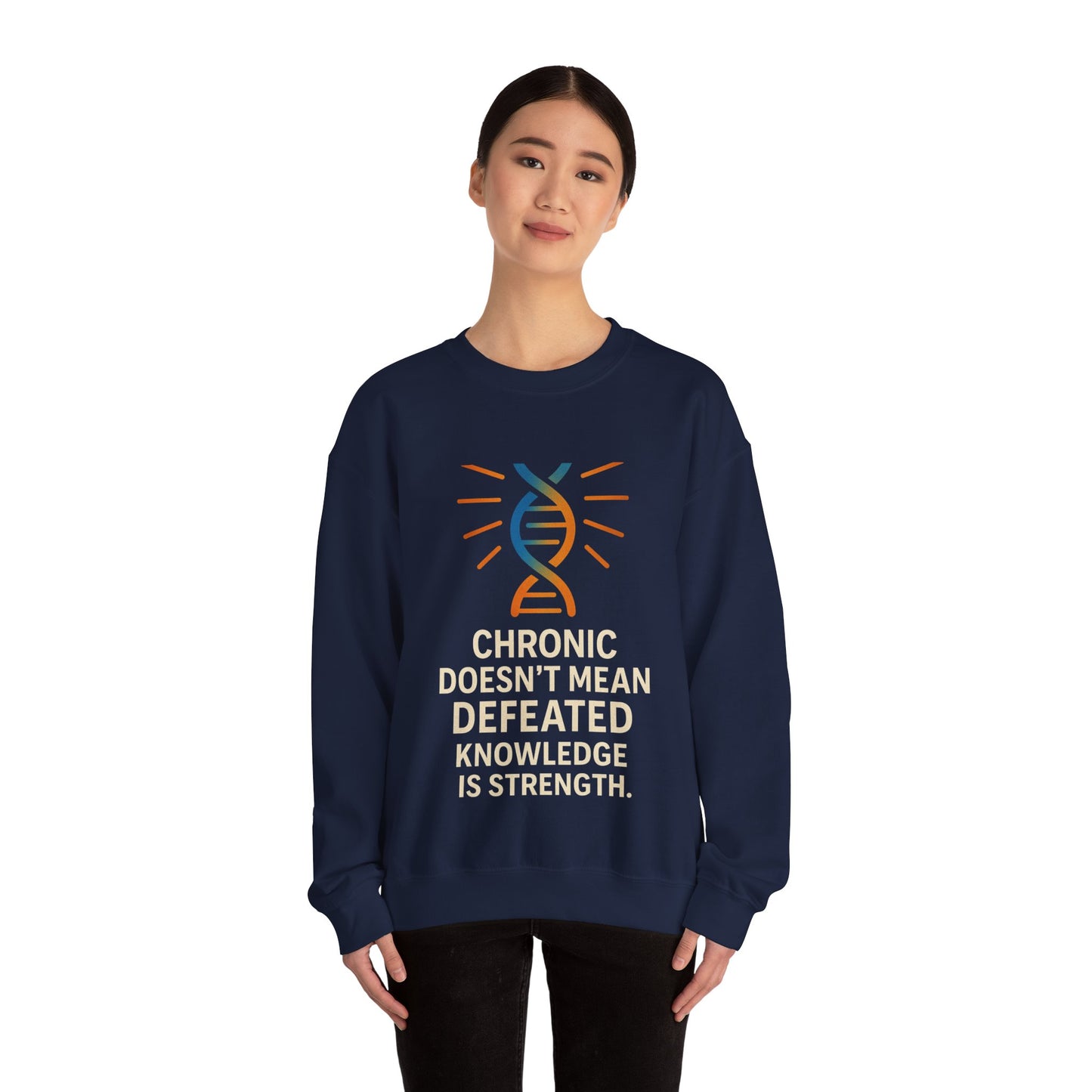 Unisex Crewneck Sweatshirt - Chronic Doesn't Mean Defeated, Knowledge is Strength - Inspirational Gift for Chronic Illness Awareness, [...]