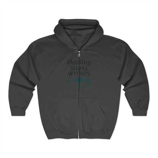 Mindfulness Zip-Up Hoodie – Healing Starts Within, Cozy Sweatshirt for Self-Care, Gratitude Gift, Wellness Apparel, Meditation Wear