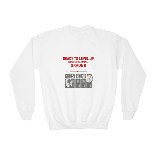 Youth Crewneck Sweatshirt - Ready to Level Up, Fun Gift for Kids, Perfect for School, Grade 8, Casual Wear, Birthday Present