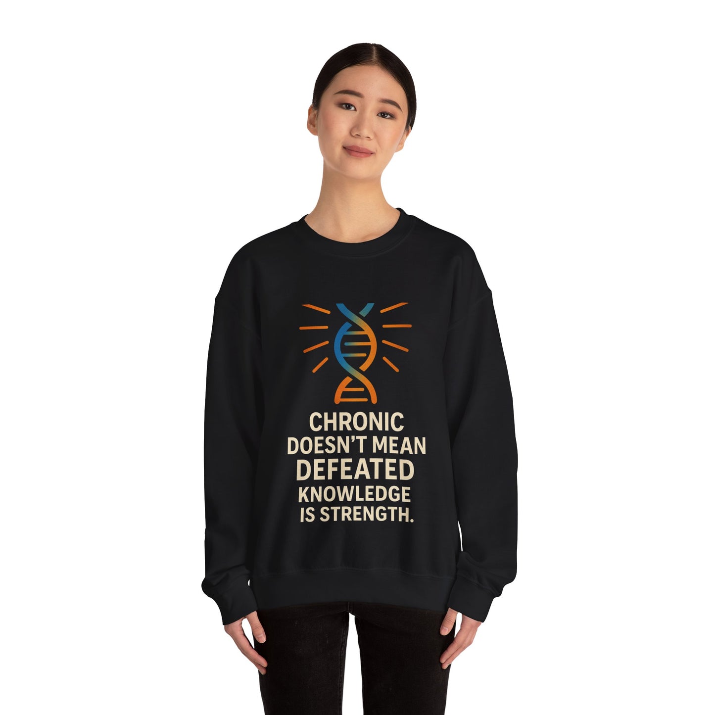 Unisex Crewneck Sweatshirt - Chronic Doesn't Mean Defeated, Knowledge is Strength - Inspirational Gift for Chronic Illness Awareness, [...]