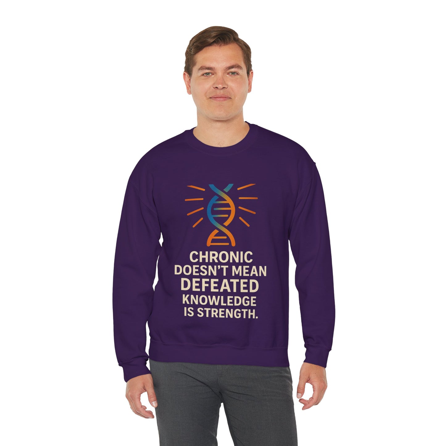 Unisex Crewneck Sweatshirt - Chronic Doesn't Mean Defeated, Knowledge is Strength - Inspirational Gift for Chronic Illness Awareness, [...]