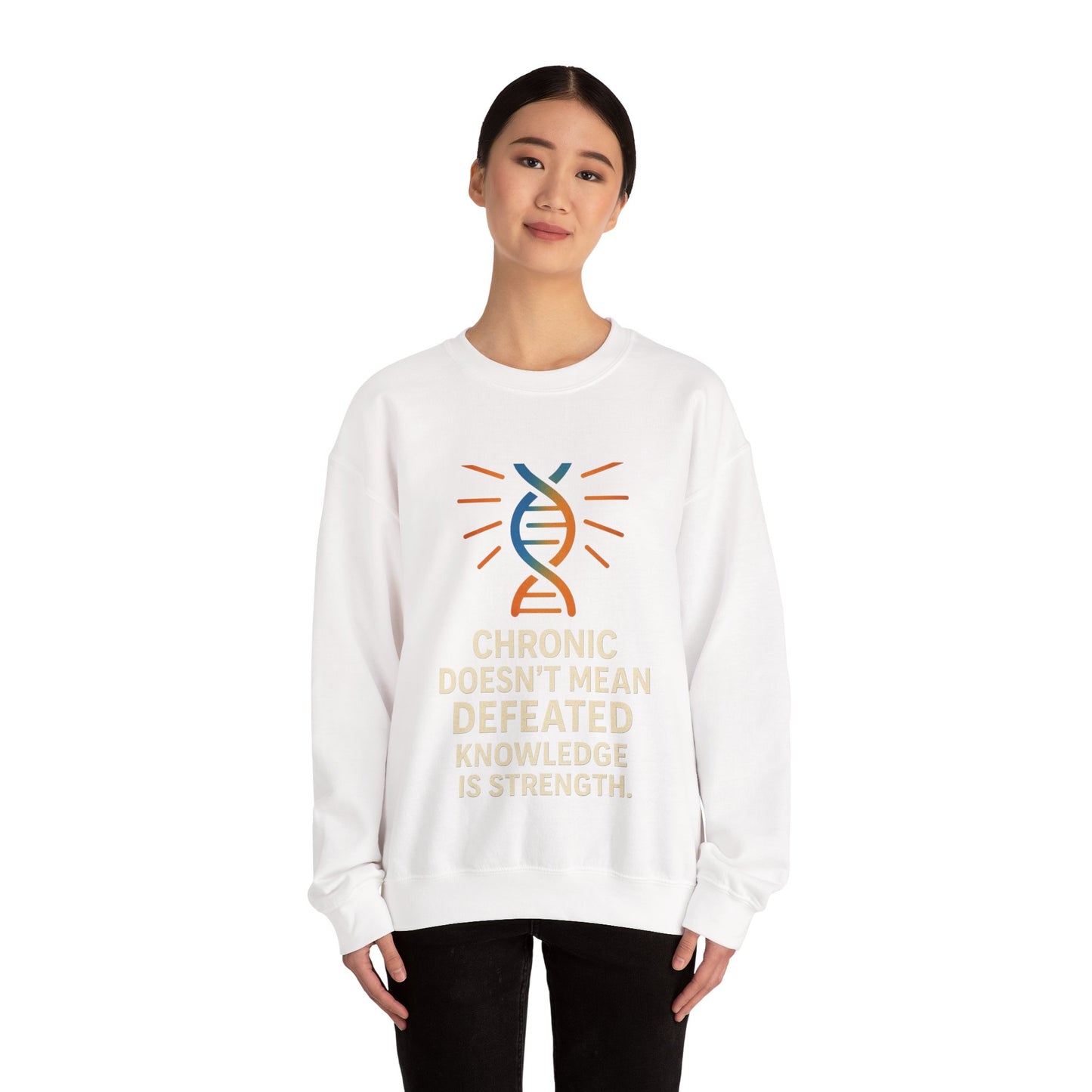 Unisex Crewneck Sweatshirt - Chronic Doesn't Mean Defeated, Knowledge is Strength - Inspirational Gift for Chronic Illness Awareness, [...]
