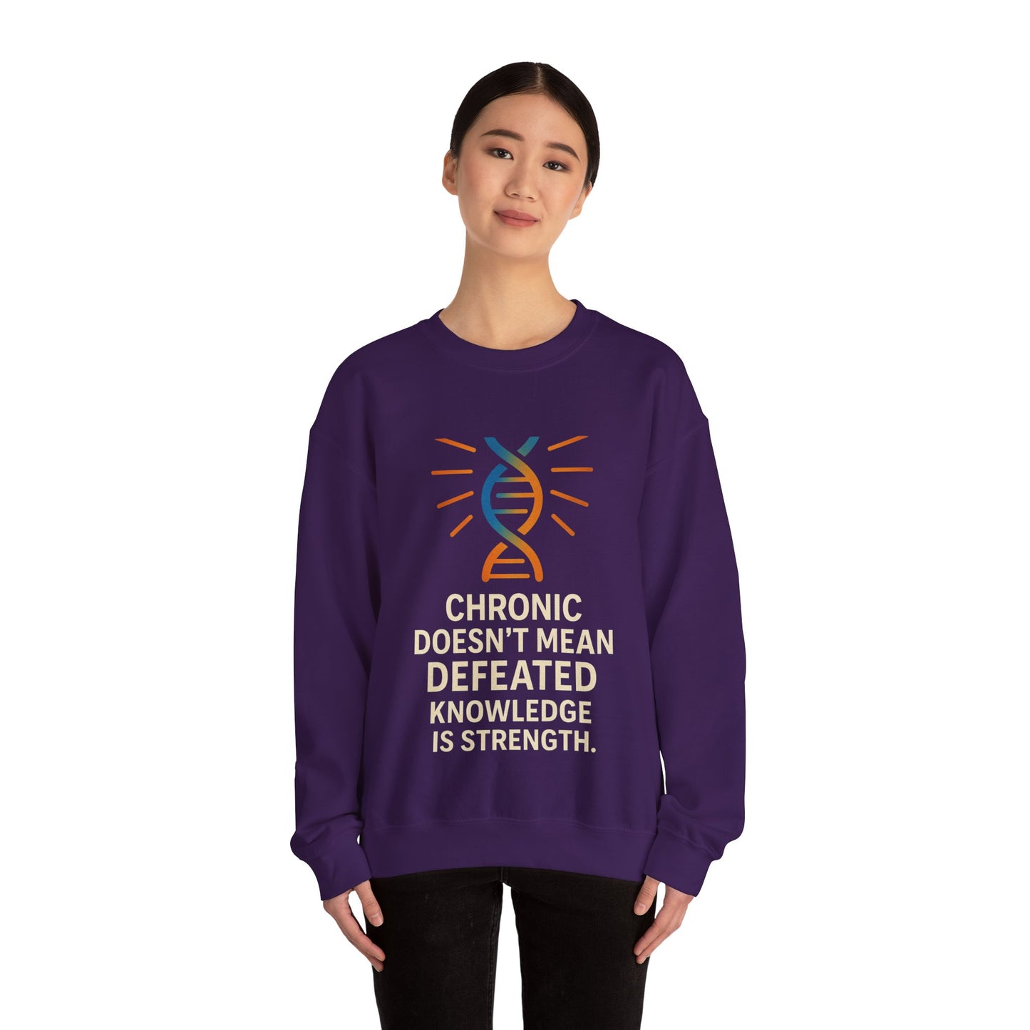 Unisex Crewneck Sweatshirt - Chronic Doesn't Mean Defeated, Knowledge is Strength - Inspirational Gift for Chronic Illness Awareness, [...]