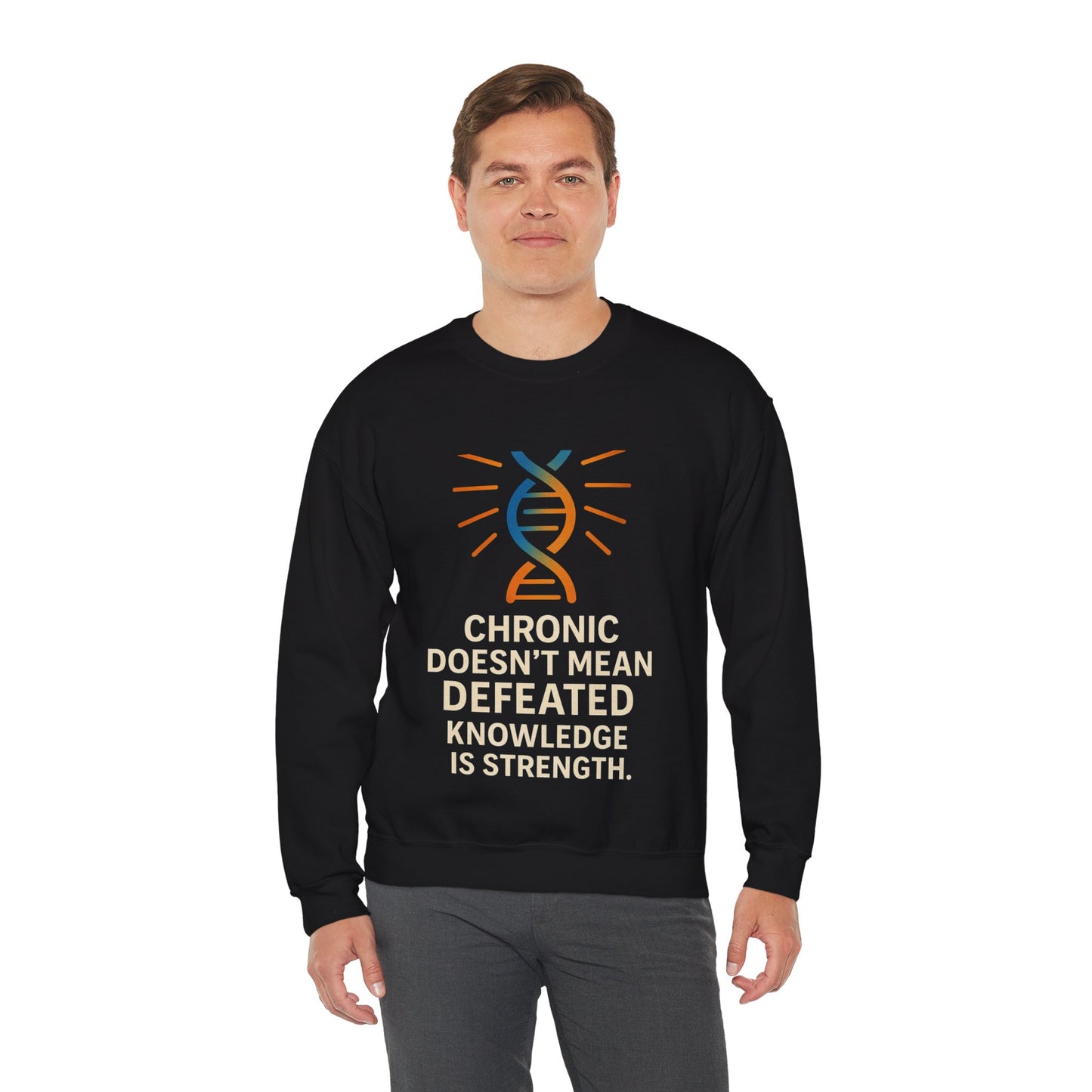 Unisex Crewneck Sweatshirt - Chronic Doesn't Mean Defeated, Knowledge is Strength - Inspirational Gift for Chronic Illness Awareness, [...]