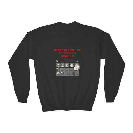 Youth Crewneck Sweatshirt - Ready to Level Up, Fun Gift for Kids, Perfect for School, Grade 8, Casual Wear, Birthday Present